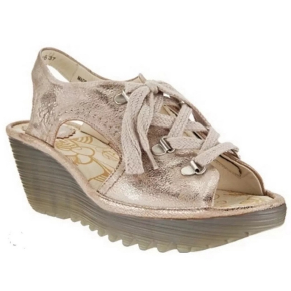 Fly London Metallic Rose Gold Lace-Up Wedge Sandals